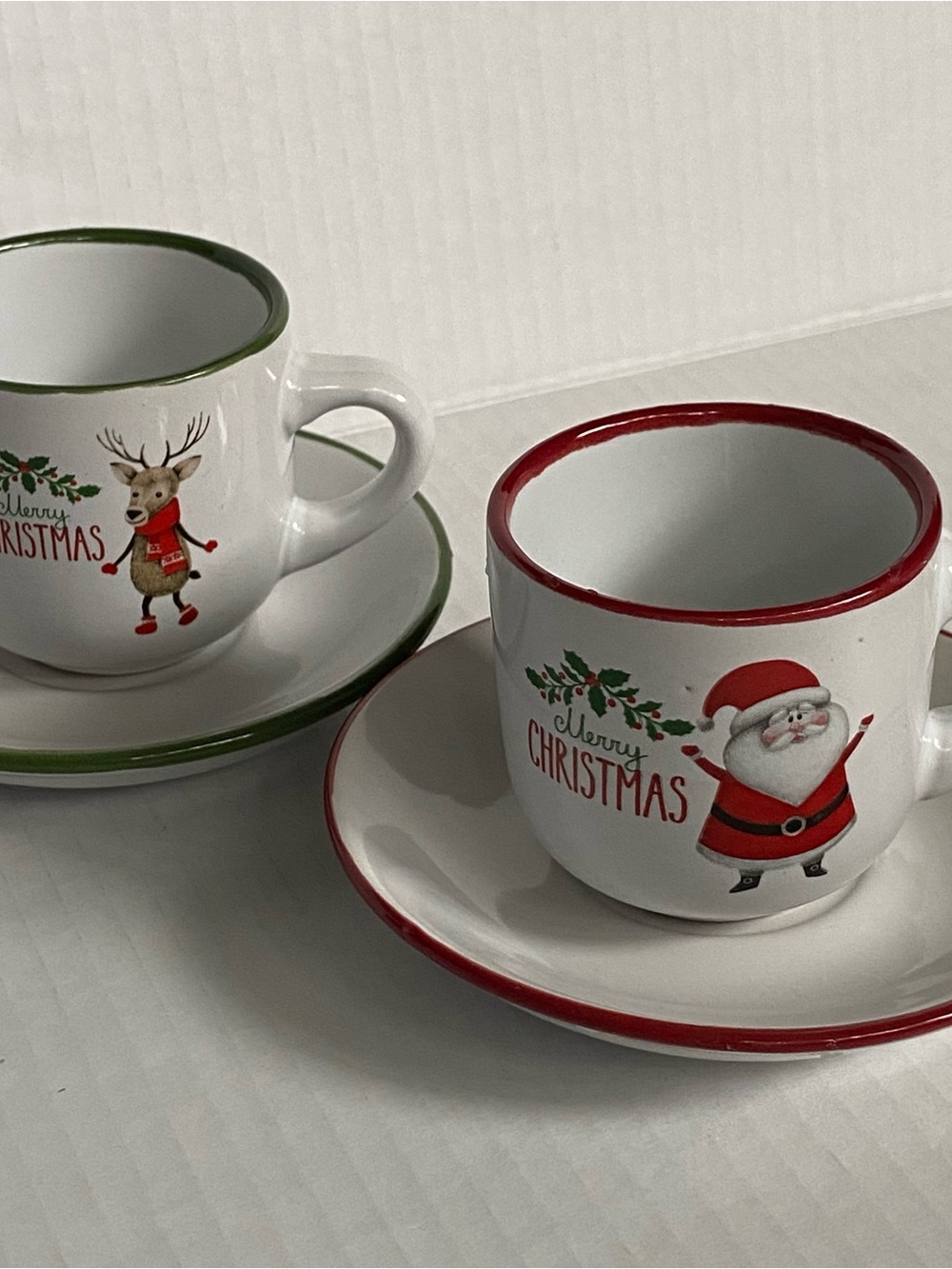 Christmas Cappuccino Mug 2 Cup And Saucer Sets Red Green Santa Reindeer Bruntmor